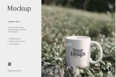 15oz White Mug Mockup, White Mug Mockup On Green Grass