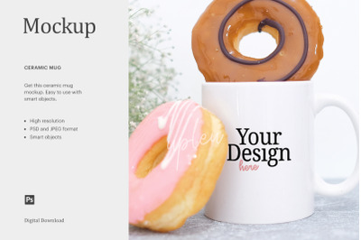 Ceramic Mug Mockup, White Mug Mockup With Two Doughnut