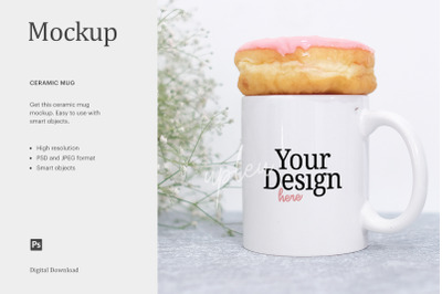 15oz Ceramic Mug Mockup&2C; Pink Doughnut On White Mug Mockup