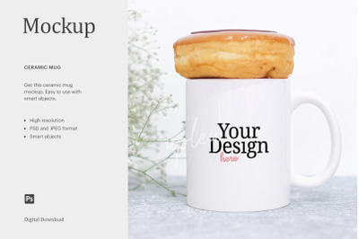 15oz Ceramic Mug Mockup&2C; Caramel Doughnut On White Mug Mockup