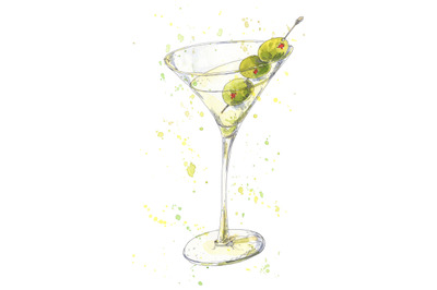 Cocktail martini hand drawn in watercolor sketch style