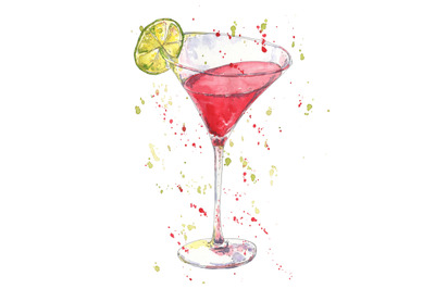 Cocktail Cosmopolitan hand drawn in watercolor sketch style