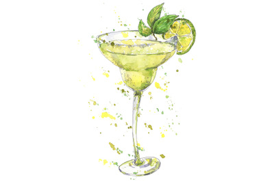Cocktail Margarita hand drawn in watercolor sketch style