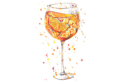 Cocktail Spritz Aperol hand drawn in watercolor sketch style