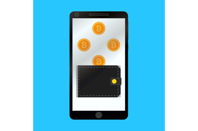 Wallet for crypto bitcoin in smartphone isolated flat