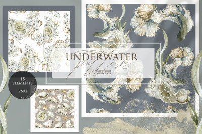 Underwater patterns. Watercolor collection