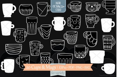 White Coffee Cup | Decorated Tea Mugs | Hand Drawn Glass Bowl