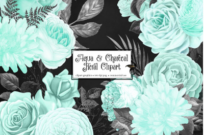 Aqua and Charcoal Floral Clipart