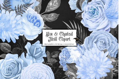 Blue and Charcoal Floral Clipart