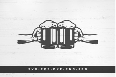 Two hands holding beer mugs silhouette