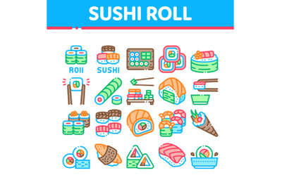 Sushi Roll Asian Dish Collection Icons Set Vector