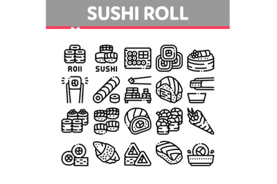 Sushi Roll Asian Dish Collection Icons Set Vector