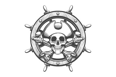 Ship steering wheel with pirate skull inside tattoo