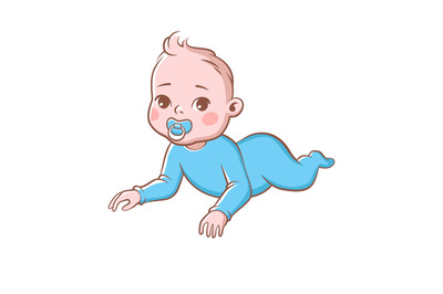 Baby boy. Cute infant with pacifier, toddler in blue clothes lying. Ca