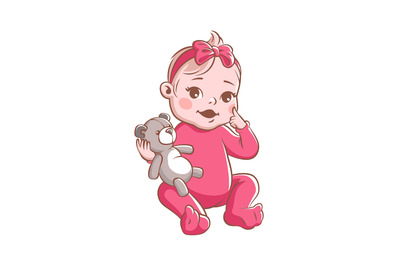 Baby girl. Cute infant with toy, smiling toddler in pink clothes sitti