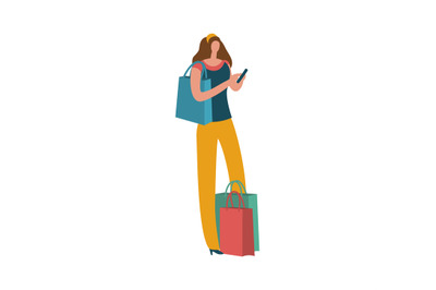 Cartoon woman with shopping bag and smartphone. Young beautiful fashio