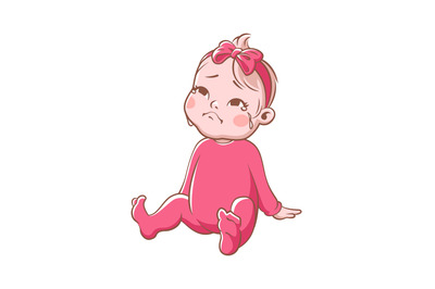 Crying baby girl. Cartoon sad toddler in pink sitting on white backgro