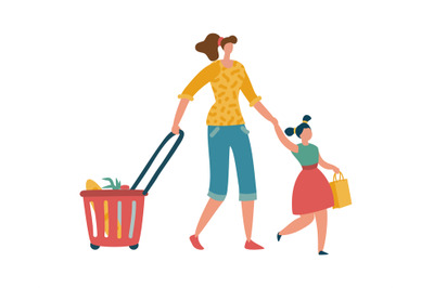 Family shopping. Mother and daughter shopper, woman with trolley and g