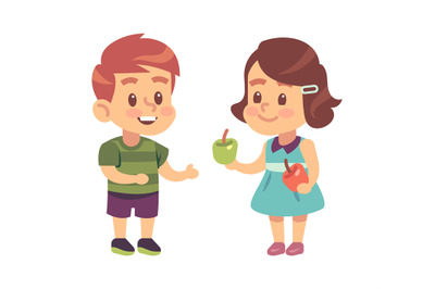 Kids good manners. Cartoon girl shares apple with boy, children respec