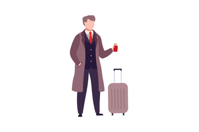 Man with suitcase and passport with boarding pass tickets. Buisnessman