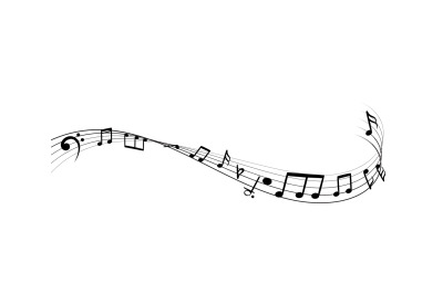 Music notes silhouettes. Monochrome abstract melody on black line wave