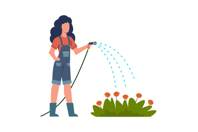 Woman watering flowers in garden. Female character gardener with hose