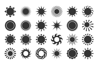 Sun silhouette cartoon icon set. Black sunlight sunset star. Abstract