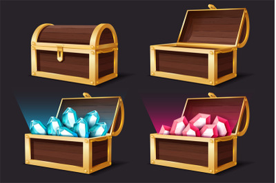 Treasure chest. Closed and open chests with gems jewelry. Medieval mys