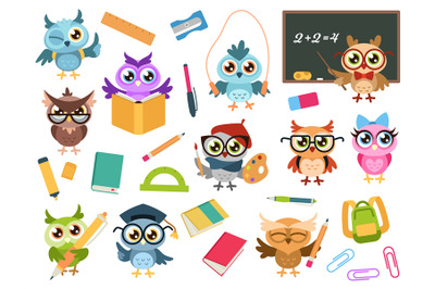 School owls. Color cute birds studying in school and teacher&2C; owl with