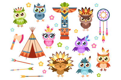 Tribal owls. Cute indian owl characters with ethnic ornament and feath