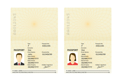 Male and female open passports. Vector identity document. Id with pers