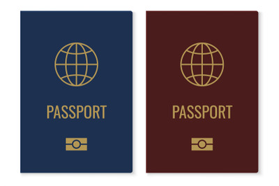 Passport covers with map. Realistic red and blue international identif