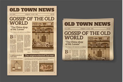 Old newspaper. Vintage magazine front page mockup. Two realistic pages