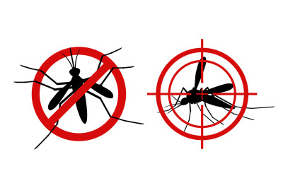 Mosquito warning signs. Informational red prohibited mosquito target,