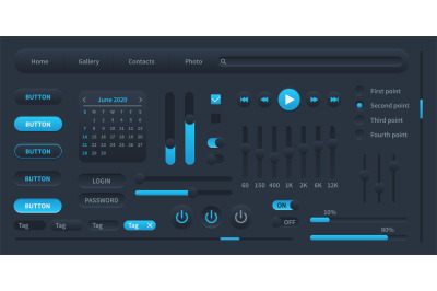 Black user interface. Modern ui elements switches, bars, power buttons