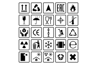 Packaging symbols. Shipping cargo signs fragile, flammable, this side