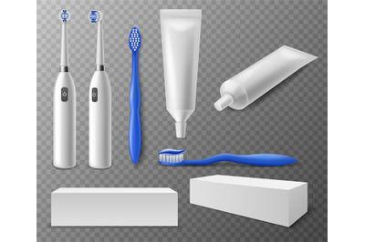 Toothbrush and tubes. Realistic different toothbrushes&2C; packaging and