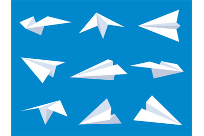 Paper plane. White paper airplanes from different angles in blue sky&2C;