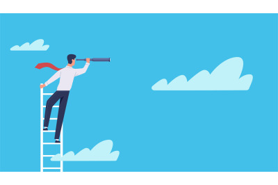 Business vision. Businessman stands on ladder in clouds with telescope