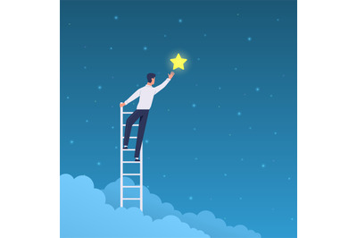 Businessman success. Man on ladder reaches stars on sky. Achieve goal