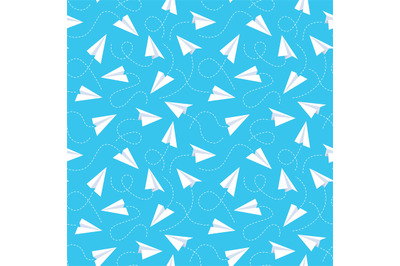 Paper plane seamless pattern. White flying airplanes and dotted line t