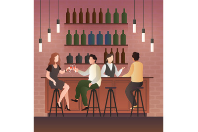 Bar counter. Man and woman on date with drink in bar, People sitting i