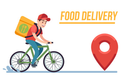 Bicycle with delivery man. Fast courier with pizza, cyclist rides on r