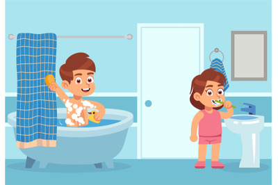 Cartoon bath. Children take water treatments. Boy washes with shampoo,