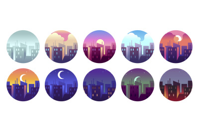 City circular landscapes. Dawn morning city sunny day and evening suns