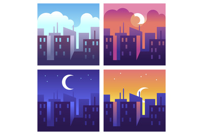 City day times. Morning and noon, evening and night cityscape, buildin