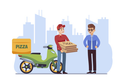 Customer delivery character. Courier handing pizza to client on citysc