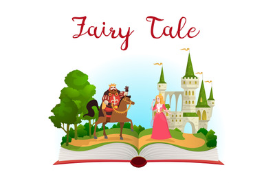 Fairy tale castle book. Open book with fantasy kingdom tower&2C; prince o