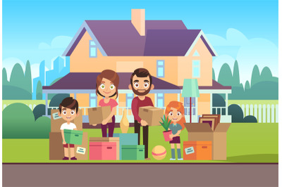 Family house. Moving to new apartment happy young parents father mothe