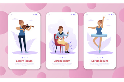 Hobby girls. Achievement career concept for mobile app, web page. Girl